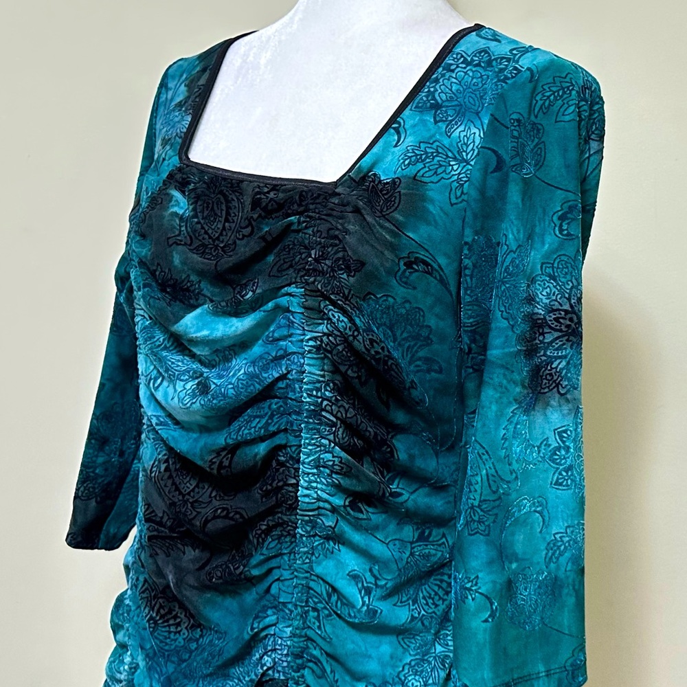 Sami & Jo Blue Green w Black Square Neckline Ruched Down Front Blouse Top LP - Picture 7 of 15